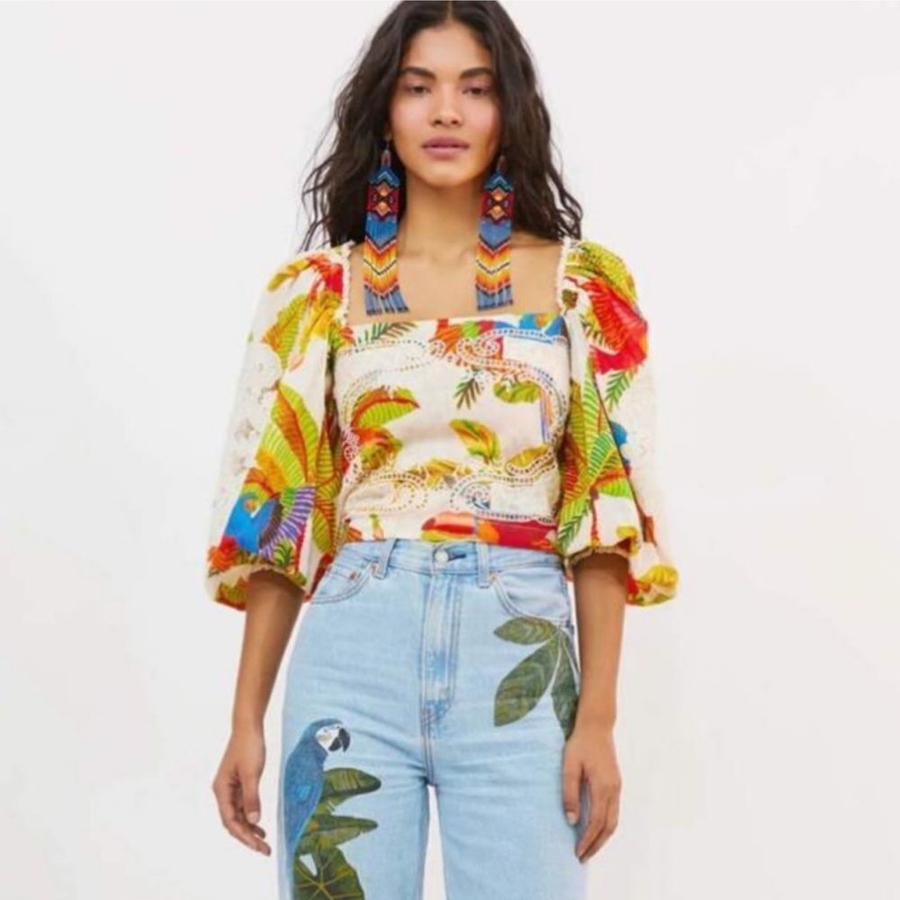 Farm Rio Forest Birds Smocked Embroidered Blouse size Small - Picture 10 of 10
